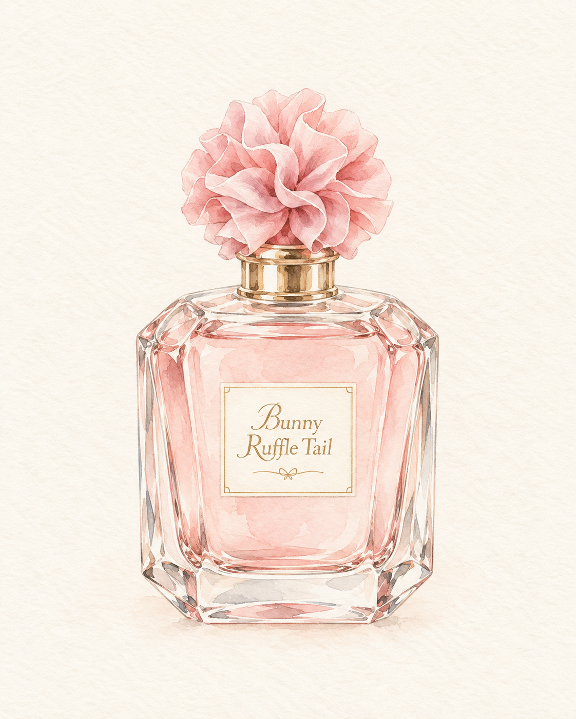Watercolor illustration of a blush Bunny Ruffle Tail perfume bottle with a pink ruffle-tail cap