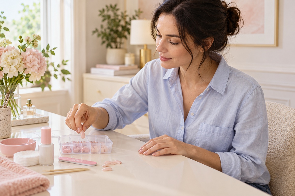 Woman seated upright at a dressing table sorting removed press-on nails into an organizer